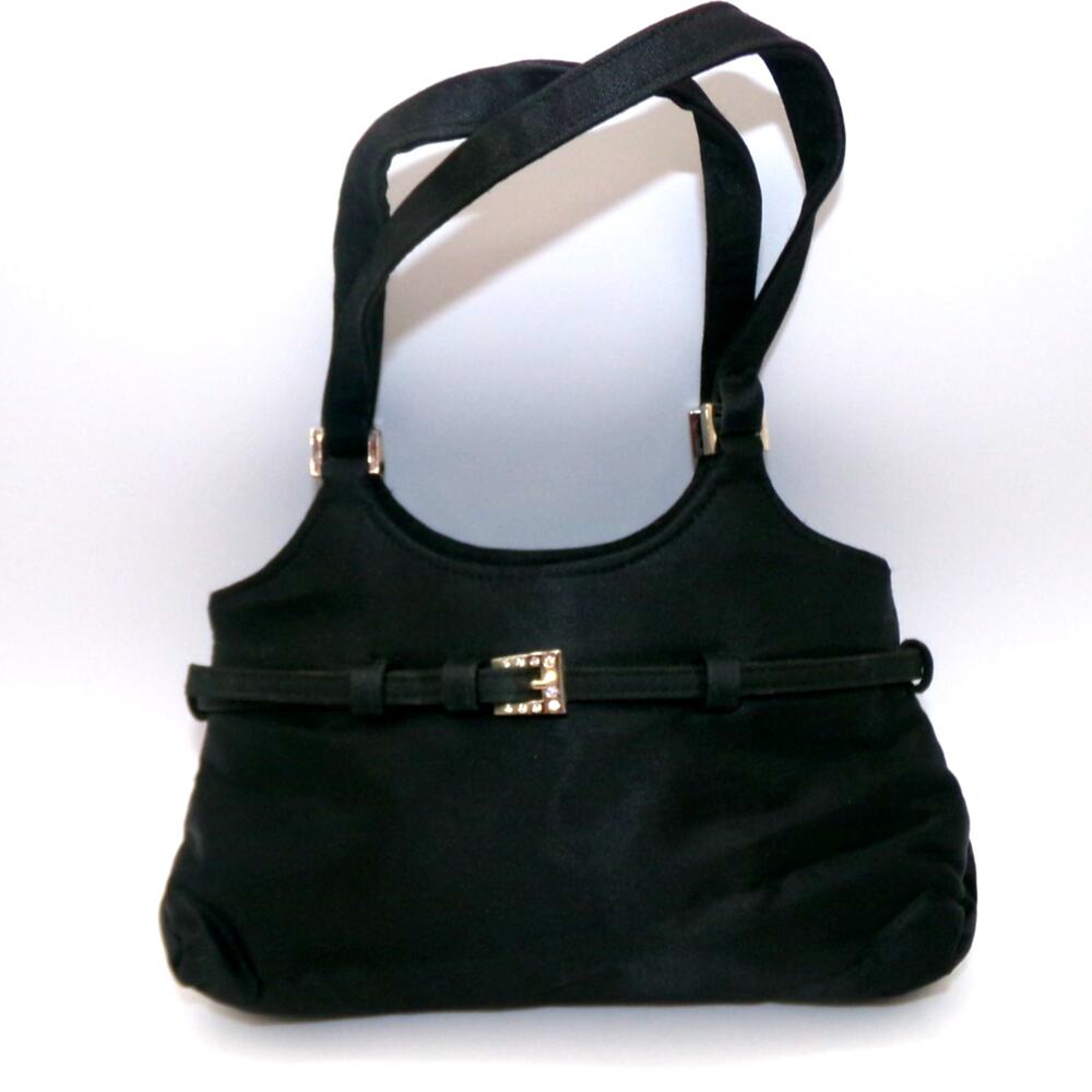 Vintage Womens Black Satin Rhinestone Evening Bag Purse Silvertone Hardware